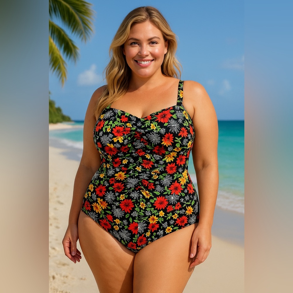 NWT It Figures! Tummy Thinner Floral One Piece Swimsuit Sz 24W Black Red Yellow